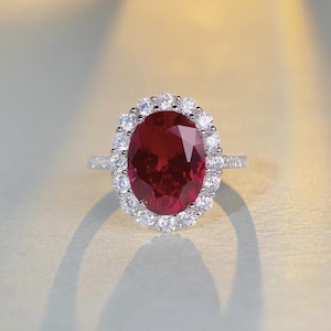 Può includere: Un anello d'argento con una grande gemma rosso scuro di taglio ovale, circondata da un alone di pietre chiare più piccole. La fascia dell'anello è anch'essa ornata da piccole pietre chiare, creando un effetto scintillante.
