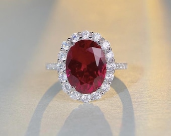 Oval Ruby Halo Ring: Sterling Silver Vintage Style July Birthstone
