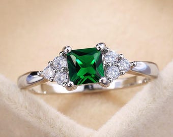 Emerald Engagement Ring | Green Emerald Square Cut Ring | Emerald Promise Ring | Dainty Silver Emerald Ring | Halo CZ Emerald Jewelry Gift