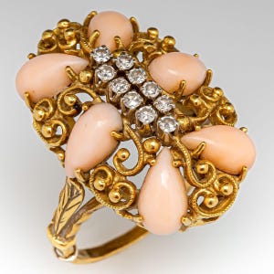 Vintage Coral Ring – Pink / Peach Coral with Diamond Accents | Ornate Gold Filigree Statement Ring | Antique Jewelry Gift for Her