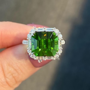 Art Deco Green Tourmaline Ring: Sterling Silver Diamond Halo