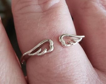 Sterling Silver Angel Wing Ring: Adjustable Open Band, Spiritual Jewelry