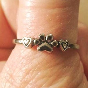 Sterling Silver Paw Print Ring with Hearts: Animal Lover Jewelry