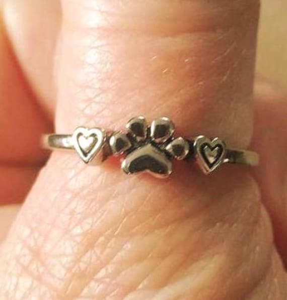 Sterling Silver Paw Print Ring with Hearts - Dog Mom Cat Mom Jewelry, Pet Memorial Ring, Animal Lover Gift, Cute Paw Promise Ring