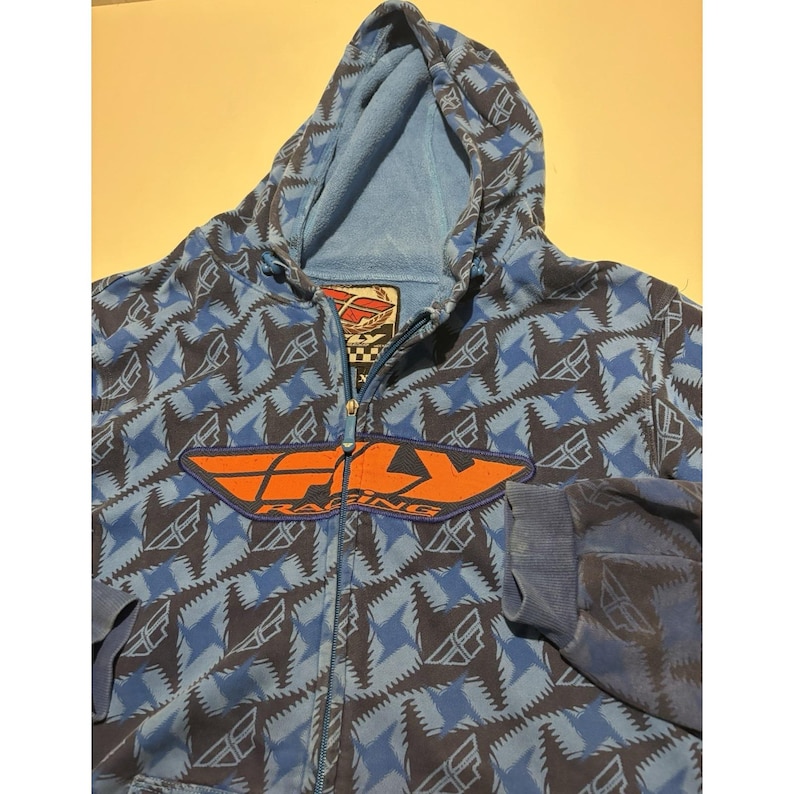Men's VTG Fly Racing Hooded Blue Jacket All Over Print SZ XL Y2K image 2