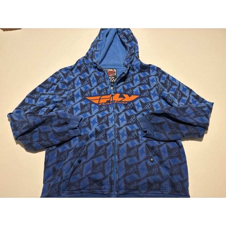 Men's VTG Fly Racing Hooded Blue Jacket All Over Print SZ XL Y2K image 1