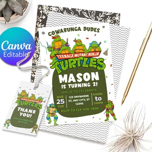 Editable Ninja Turtle Birthday Invitation, Ninja Turtle Kids Party Invite, Thank you tags, Canva Template (Digital Download)