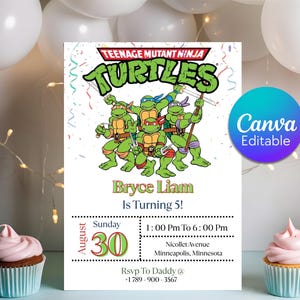 May include: A white invitation card featuring the Teenage Mutant Ninja Turtles. The card includes the text "Bryce Liam Is Turning 5!" and event details. A Canva Editable logo is in the corner.