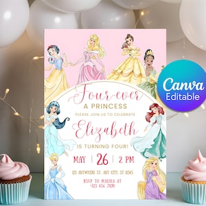Peut inclure: Invitation rose sur le thème des princesses avec des illustrations de princesses Disney. Le texte indique "Four-ever A Princess" et "Elizabeth a quatre ans !" avec les détails de l'événement et un logo Canva Editable.