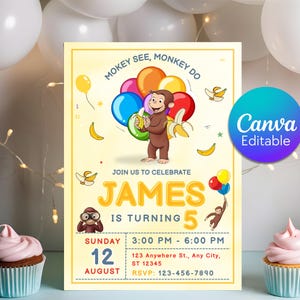 Nyfikna George födelsedagsinbjudan, utskrivbar apainbjudan, apainbjudan, Nyfikna George barnfödelsedagsfest, pojke födelsedagsmall för alla åldrar