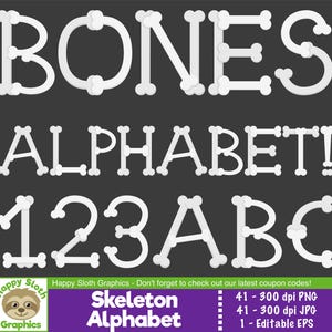 Könnte beinhalten: Eine digitale Grafik mit dem Wort "BONES" und dem Alphabet, Zahlen und Buchstaben, die alle wie Knochen gestaltet sind. Der Text ist weiß auf einem dunkelgrauen Hintergrund. Das Bild enthält auch die Wörter "ALPHABET!" und "123ABC".