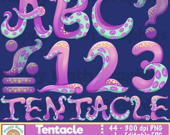 Tentacle Alphabet Purple, vector clipart set. Commercial use Halloween font.