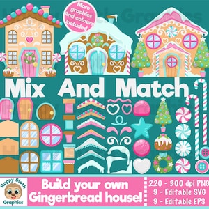 Op de afbeelding: Een digitale grafische set met elementen voor een peperkoekhuis. Bevat verschillende huisontwerpen, deuren, ramen en decoratieve items zoals zuurstokken, sterren en bomen. De tekst luidt "Mix and Match" en "Build your own Gingerbread house!"