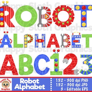 Puede incluir: Un gráfico digital colorido con las palabras "ROBOT" y "ALPHABET" en un diseño lúdico con temática de robots. Las letras están decoradas con pernos, cables y antenas. También se incluyen los números "123". Una pancarta en la parte inferior dice "Robot Alphabet".