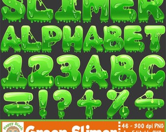 Puede incluir: Alfabeto, números y símbolos de limo verde con efecto goteo. Las letras y los números son de color verde brillante con acentos verdes más oscuros. La imagen incluye el texto "SLIMER ALPHABET 123ABC =!?+%+" y "Green Slimer".