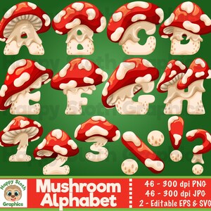 Op de afbeelding: Een verzameling rode en witte paddenstoelvormige letters en symbolen tegen een groene achtergrond. De afbeelding bevat het alfabet, cijfers en leestekens. De onderkant van de afbeelding heeft de tekst "Mushroom Alphabet" en "Happy Sloth Graphics".