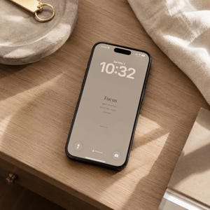 May include: A black smartphone displaying the time, date, and the word "Focus" on a light brown screen. The phone rests on a wooden surface, with a small dish and a gold-colored keychain visible in the background.