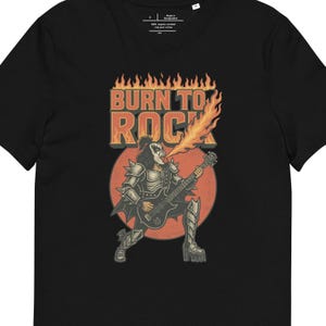 Burn to Rock T-Shirt – Flaming Skeleton Guitarist, Vintage Metal Rock Graphic Tee, Unisex Organic Cotton Shirt
