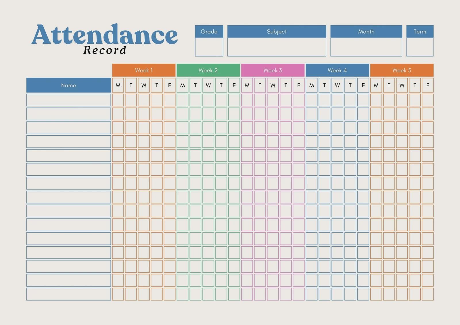 Printable Attendance Record Template | Weekly Student Attendance ...
