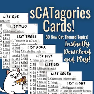 May include: A collection of printable cards titled "sCATagories Cards!" with 80 cat-themed topics. The cards are white with black text and are arranged in a layered design. A cartoon cat holding pizza is in the lower left corner.