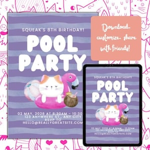 Editable Cat Birthday Invitation Template | Pet Party Canva Invite | Printable Kitten Birthday Card | 1st Birthday Cat Party