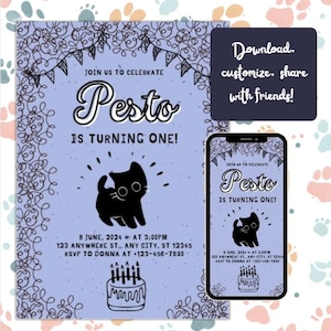 Editable Cat Birthday Invitation Template | Pet Party Canva Invite | Printable Kitten Birthday Card | 1st Birthday Cat Party