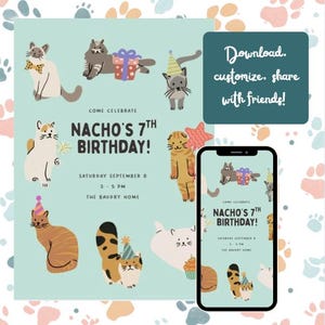 Editable Cat Birthday Invitation Template | Pet Party Canva Invite | Printable Kitten Birthday Card | 1st Birthday Cat Party