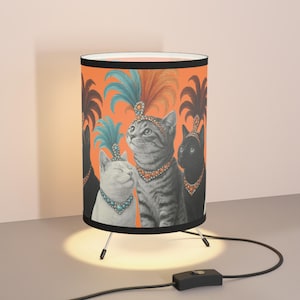 Whimsical Cat Tripod Lamp: Unique Feathered Jewel Cat Decor