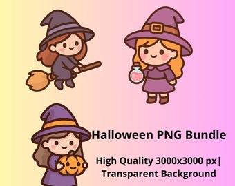 Cute Witch Clipart Set | 9 PNG Halloween Illustrations | Kawaii Witch Digital Download | Transparent Background , 300 DPI