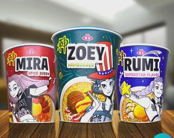 Kpop Demons Hunter Printable, Rumi, Mira, Zoey Cup Noodle Labels, Custom Name Canva Editable for Cosplay & Party Decor