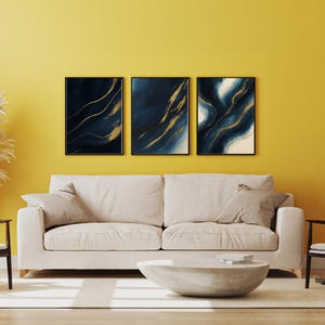 Lot de 3 impressions abstraites bleu marine et or, art mural de salon moderne, affiche contemporaine minimaliste, décoration d&#39;intérieur de luxe, numérique