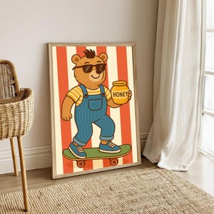 Skateboard Bär Wand Kunst | Lustiges Tier Poster | Kinderzimmer Dekor | Kinderzimmer Digitaler Download | Süßer Tier Wand Druck