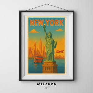 New York Vintage Travel Poster | Retro Wall Art Print | Statue of Liberty & Manhattan Skyline | Digital Download