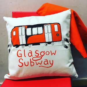 Glasgow Subway Cushion - Screenprinted cushion with my illustration of the  &#39;Clockwork Orange&#39; Glasgow Subway