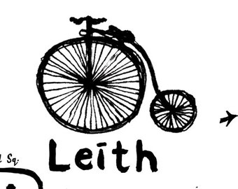 Mapa de ciclo de la ciudad de Edimburgo - 'Leith Walk' -PENNY FARTHING - Gran B&W Cartel 60 x 80cm