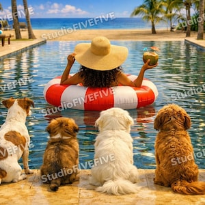 May include: A woman in a large sun hat floats in a red and white inflatable ring in a pool, holding a coconut drink. Six dogs sit on the pool's edge, looking towards the water. The scene is set at a tropical beach resort.