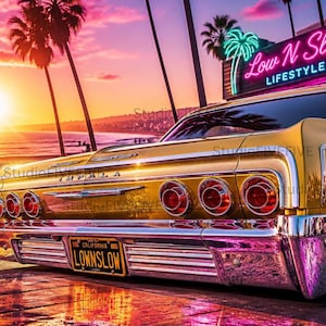 May include: A gold Chevrolet Impala with chrome bumpers and trim, featuring six round red taillights. The car has a California license plate reading LOWNSLOW. In the background, a neon sign displays the text Low N Slow LIFESTYLE.