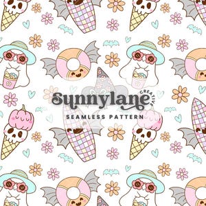 May include: A repeating pattern with cartoon illustrations of ice cream cones with pumpkin toppings, corn with bat wings, ghosts in sunglasses, donuts with bat wings, witch hats, flowers, and bats on a white background. The text "Sunnylane" and "Seamless Pattern" are also visible.