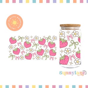 May include: A glass jar with a wooden lid, adorned with a pattern of pink strawberries, green bows, and white flowers. The jar has the text "Sunnylane Creative" on the bottom right.