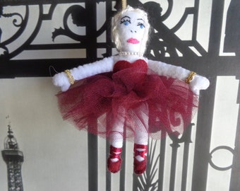 Handmade Ballerina Ornament with burgundy dress by Pepperland