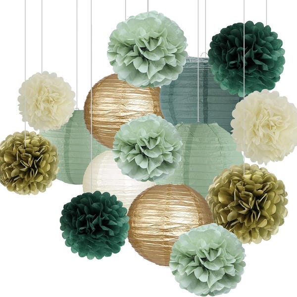 Sage Green Party Decorations, Paper Lanterns and Pom Poms, 15pcs