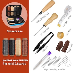 May include: A leathercrafting kit with a storage bag, awls, scissors, needles, thimble, finger cots, and a measuring tape. The kit includes four spools of wax thread, each with 32.8 yards. The measuring tape is 60 inches long.