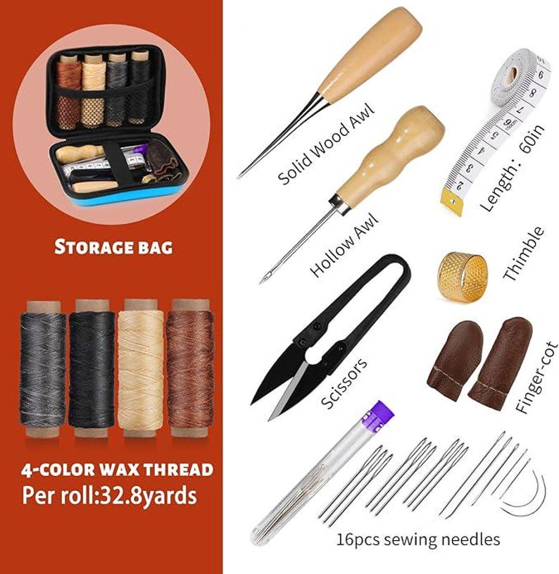 May include: A leathercrafting kit with a storage bag, awls, scissors, needles, thimble, finger cots, and a measuring tape. The kit includes four spools of wax thread, each with 32.8 yards. The measuring tape is 60 inches long.