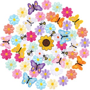 May include: A collection of colorful embroidered patches featuring butterflies, bees, sunflowers, and various flowers. The patches are in shades of pink, yellow, orange, purple, blue, and white, perfect for adding a decorative touch to clothing or accessories.