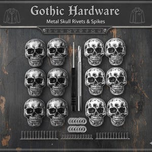 Könnte beinhalten: Eine Sammlung silberner Metall-Schädelnieten und -spitzen, mit zwei Schraubendrehern und Unterlegscheiben, angeordnet auf einer dunklen Holzoberfläche. Der Text "Gothic Hardware" und "Metal Skull Rivets & Spikes" steht oben.