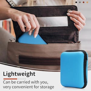 May include: A light blue, zippered, rectangular case with a black zipper and trim. The case is shown next to a brown purse, with a blue object being placed inside. The text "Lightweight" and "Can be carried with you, very convenient for storage" is visible.