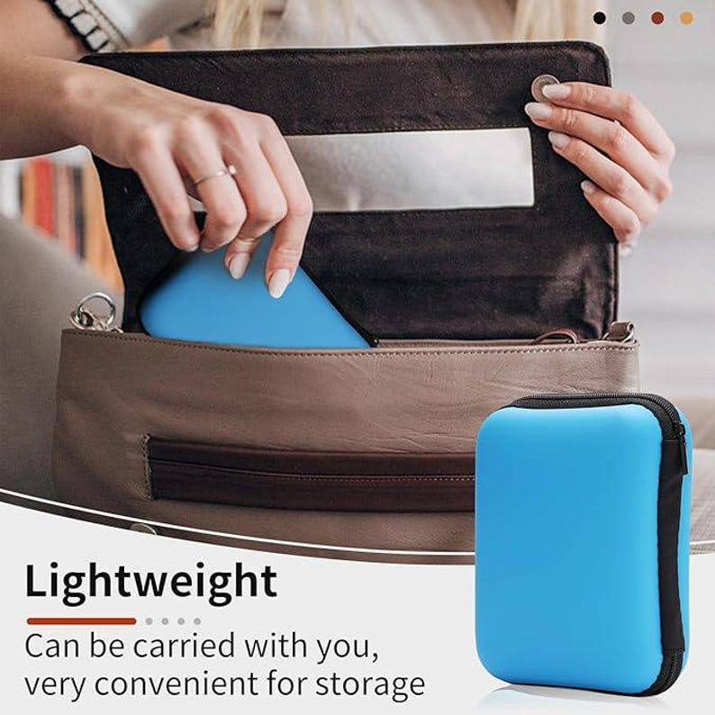 May include: A light blue, zippered, rectangular case with a black zipper and trim. The case is shown next to a brown purse, with a blue object being placed inside. The text "Lightweight" and "Can be carried with you, very convenient for storage" is visible.