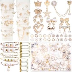 60 Pcs Junk Socks Charms Kit, Gold Brooches and Pins for Women, Pearl and Rhinestone Sock Charms with Safety Pins, DIY