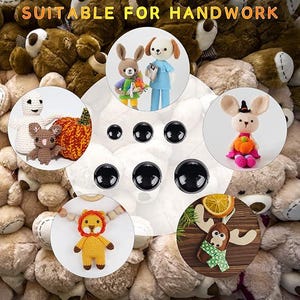 May include: A collection of handmade crochet toys, including a bunny, dog, and lion, along with black safety eyes. The toys are displayed on a background of brown teddy bears. The text "SUITABLE FOR HANDWORK" is visible at the top.