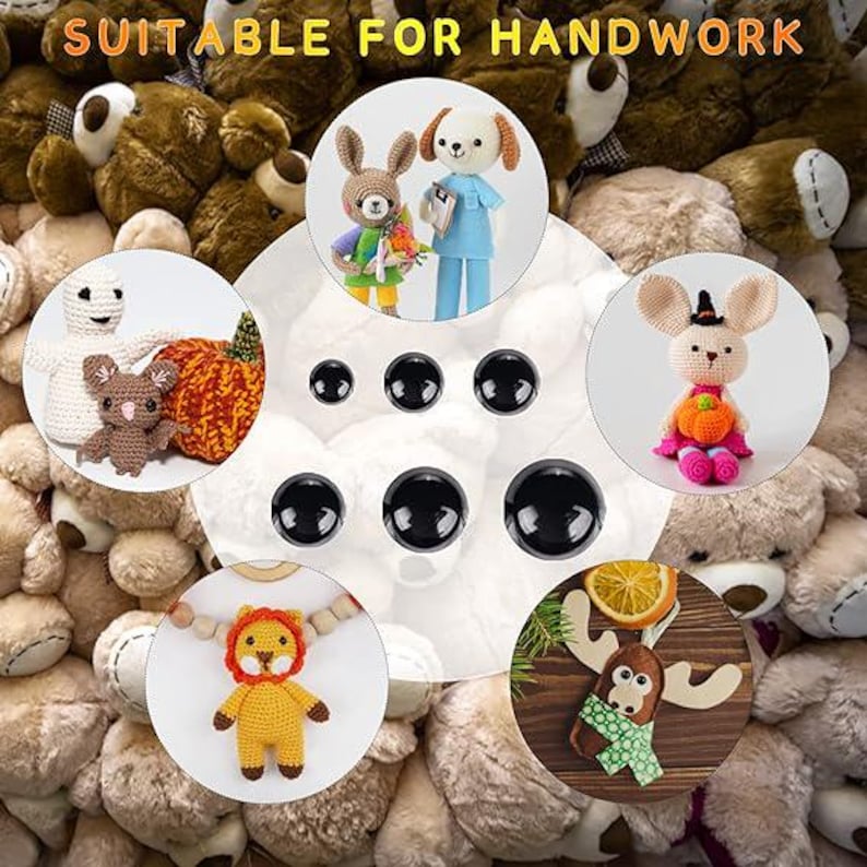 May include: A collection of handmade crochet toys, including a bunny, dog, and lion, along with black safety eyes. The toys are displayed on a background of brown teddy bears. The text "SUITABLE FOR HANDWORK" is visible at the top.